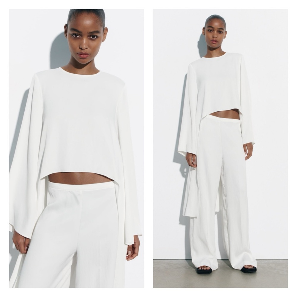 Zara White Asymmetrical Crop Top Long Sleeve Minimal Chic Medium NWT - Picture 4 of 8